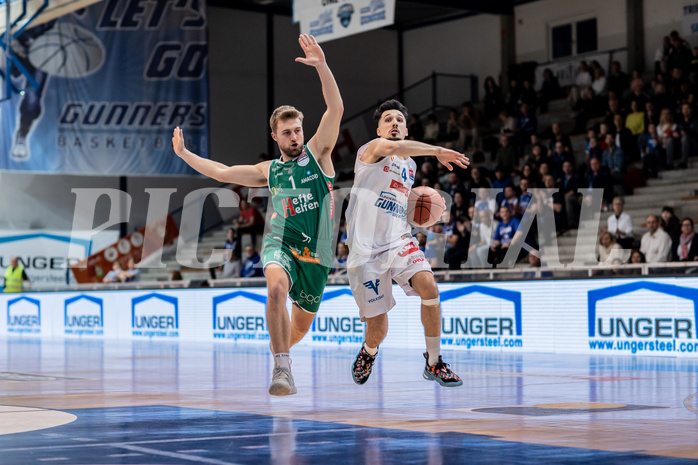 Basketball, Basketball Superliga 2022/23, Grunddurchgang Runde 21 , Oberwart Gunners, Kapfenberg Bulls, Sean Flood (1), Derek Hanes (14)