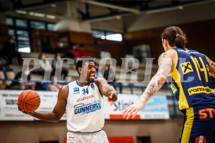 Basketball, bet-at-home Basketball Superliga 2021/22, Platzierungsrunde Spiel 8, Oberwart Gunners, UBSC Graz, Emondre Rickman (14)