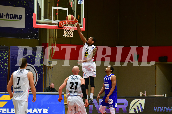 Basketball Superliga 2020/21, Grunddurchgang 13. Runde Flyers Wels vs. Oberwart, Davor Lamesic (7), Christian Von Fintel (27), Jarvis Ray (22), Lawrence Alexander (04),