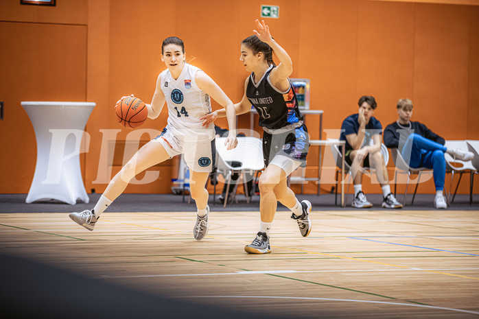 Basketball, Win2Day Basketball Damen Superliga 2022/23, Grunddurchgang 9.Runde, Vienna Timberwolves, Vienna United, Melanie Fischer (14), Klara Brunner (25)