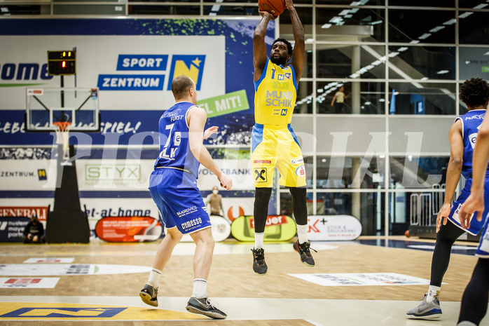 Basketball, bet-at-home Basketball Superliga 2021/22, Platzierungsrunde 9.Runde, SKN St. Pölten Basketball, Oberwart Gunners, Kelvin Lewis (1)