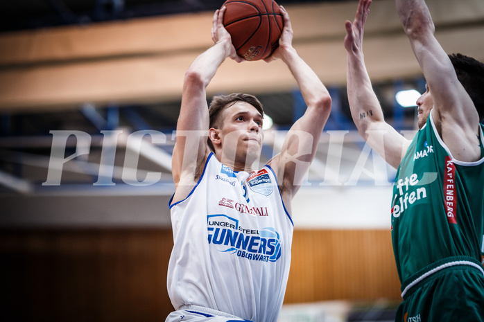 Basketball, bet-at-home Basketball Superliga 2021/22, Playoffs, Viertelfinale Spiel 3, Oberwart Gunners, Kapfenberg Bulls, Jonathan Knessl (12)