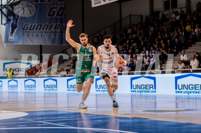 Basketball, Basketball Superliga 2022/23, Grunddurchgang Runde 21 , Oberwart Gunners, Kapfenberg Bulls, Sean Flood (1), Derek Hanes (14)