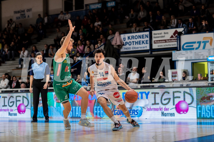 Basketball, Basketball Superliga 2022/23, Grunddurchgang Runde 21 , Oberwart Gunners, Kapfenberg Bulls, Sean Flood (1), Derek Hanes (14)