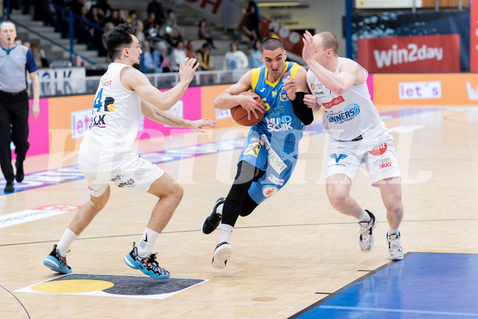 Basketball, Basketball Superliga 2022/23, Grunddurchgang Runde 20 , Oberwart Gunners, Flyers Wels, Derek Hanes (14), Philip Jalapoor (5), Sebastian K