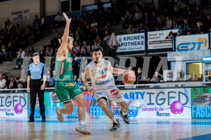 Basketball, Basketball Superliga 2022/23, Grunddurchgang Runde 21 , Oberwart Gunners, Kapfenberg Bulls, Sean Flood (1), Derek Hanes (14)