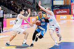 Basketball, Basketball Superliga 2022/23, Grunddurchgang Runde 20 , Oberwart Gunners, Flyers Wels, Derek Hanes (14), Philip Jalapoor (5), Sebastian K