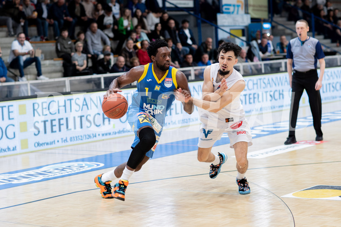 Basketball, Basketball Superliga 2022/23, Grunddurchgang Runde 20 , Oberwart Gunners, Flyers Wels, Kelvin Lewis (1), Derek Hanes (14)