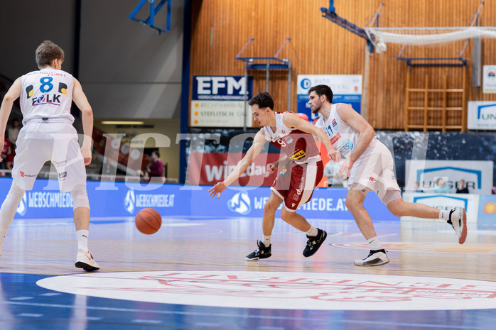 Basketball, Basketball Superliga 2022/23, Grunddurchgang Runde 20 , Oberwart Gunners, Flyers Wels, Florian Koeppel (8), Lukas Hahn (9), John Joseph Rauch (11)
