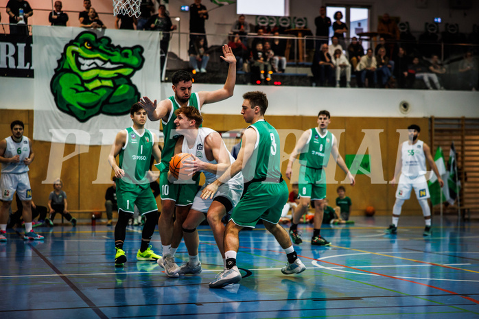 Basketball, Basketball Zweite Liga 2024/25, Grunddurchgang 16.Runde, UDW Alligators, KOS Celovec, Veljko Dena (10), Luis Göd (2), Niklas Michel (3)
