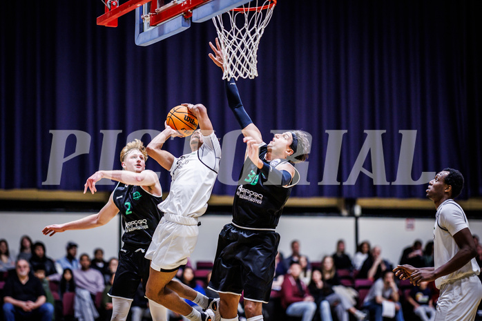 Basketball, Basketball Zweite Liga 2023/24, Grunddurchgang 17.Runde, Basket Flames, Union Deutsch Wagram Alligators, Luis Göd (2), Jamie Ikem Onyemaechi (22), Marko Kolaric (30)