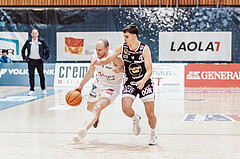 Basketball, Basketball Superliga 2023/24 , VF 4, Oberwart Gunners, Gmunden Swans, Sebastian Kaeferle (7), Vuk Zivanovic (4)