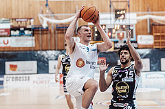 Basketball, Basketball Superliga 2023/24 , VF 4, Oberwart Gunners, Gmunden Swans, Edi Patekar (9), Patrick Emilien (15)