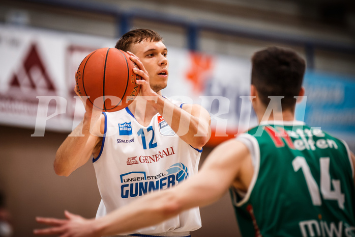 Basketball, bet-at-home Basketball Superliga 2021/22, Playoffs, Viertelfinale Spiel 1, Oberwart Gunners, Kapfenberg Bulls, Jonathan Knessl (12)